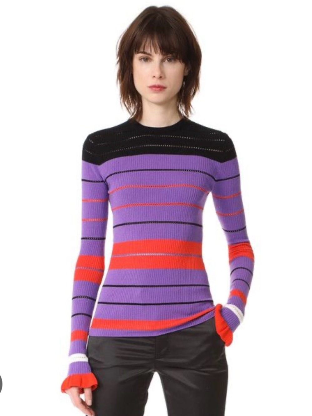 Opening Ceremony Purple Red Black Striped Ruffle Cuff Sweater